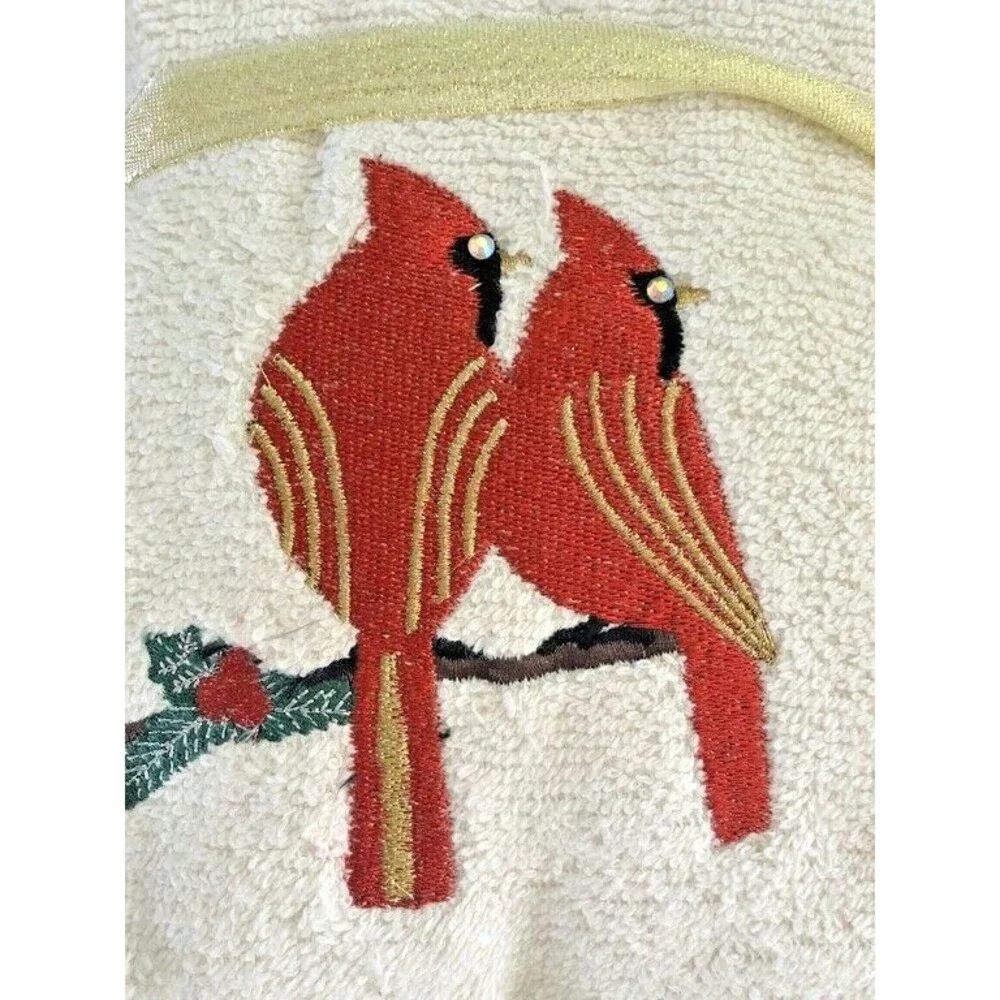 Christmas Cardinal Rhinestone Hand Towels Embroidered Embellished Ivory Set of 2